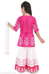 Rayon Ethnic Girls Kurta Palazzo Set with Dupatta, printed, three-quarter sleeves, mixed-match fashion for festivals, India origin
